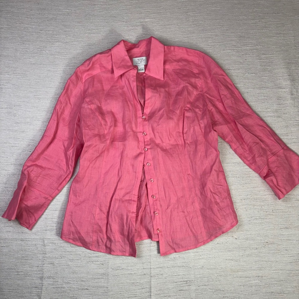 Ann Taylor LOFT Pink 100% Linen Button Front Long Sleeve‎ Shirt Womens Large